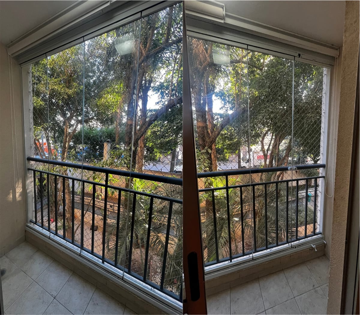 Sacada de apartamento em esquina fechada com vidro e tela de proteção, com vista para área arborizada. Obra da VitraAlu em Piqueri, São Paulo.